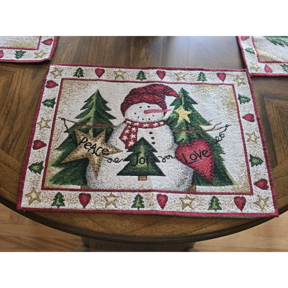 Christmas Snowman Tapestry Placemats Set of 4 Peace Joy Love Holiday Table Decor